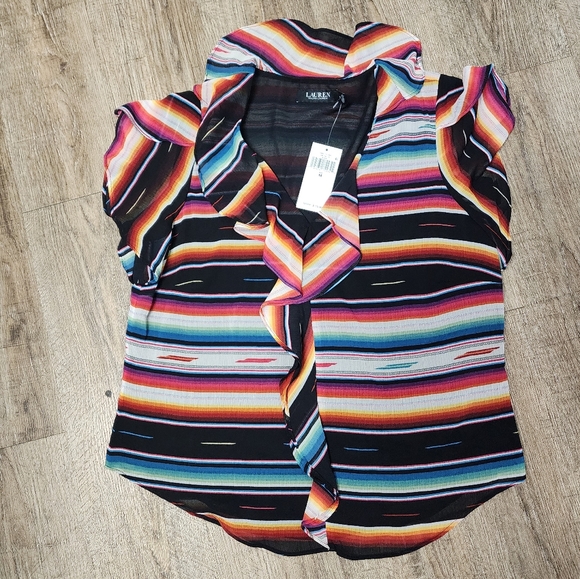 NWT Lauren Ralph Lauren Plus Size M Stripe Print Short Flutter Blouse Top - Picture 4 of 13